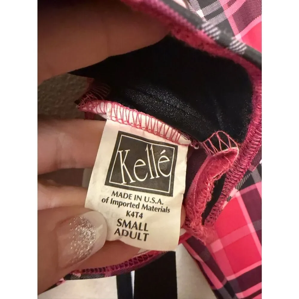 Kelle solo leotard peplum skirt plaid hot pink suspenders SA-Small adult